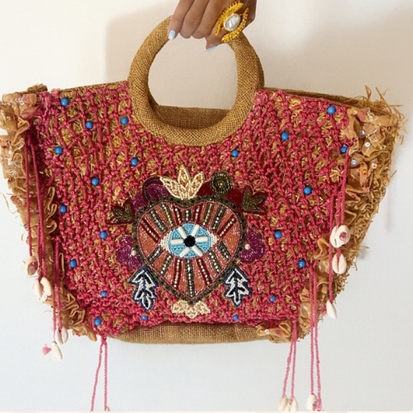 Handbags - Mystic Heart Tote - Vibrant Pink and Tan Handwoven Bag